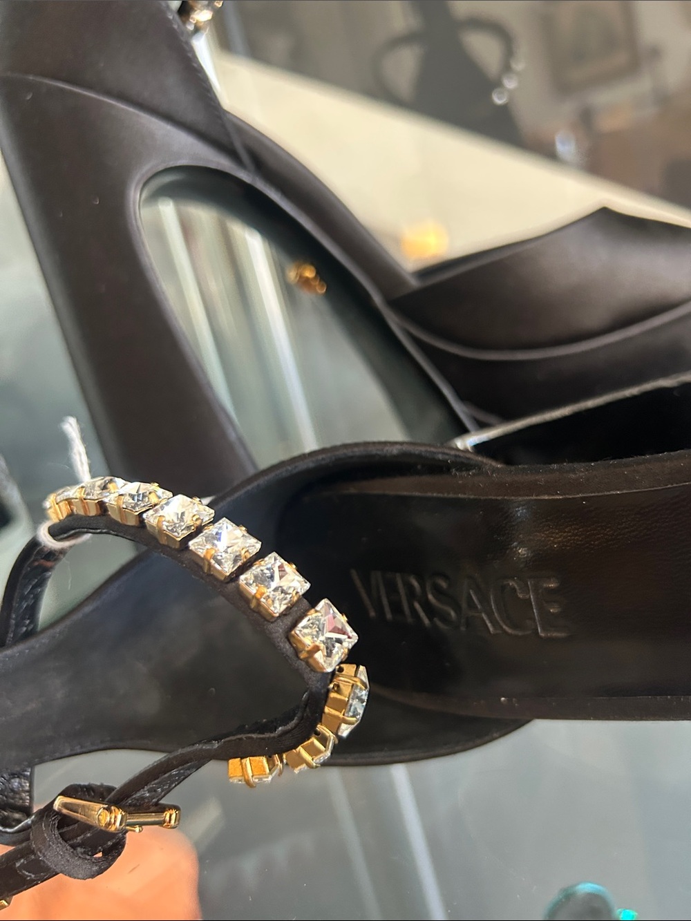 Versace Black Satin Crystal-Ankle Platform Pumps - Picture 6 of 7